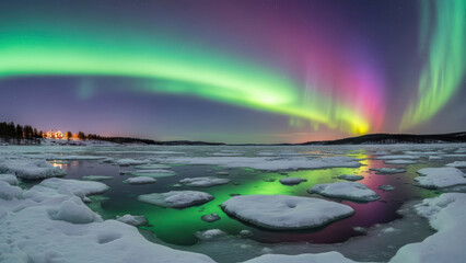 A serene and intimate photograph capturing a mother polar bear and her cubs playing on melting ice floes under the vibrant green and purple hues of the aurora borealis in a frozen landscape.