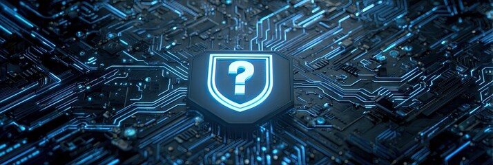 Glowing question mark shield emblem against a backdrop of glowing blue computer circuitry