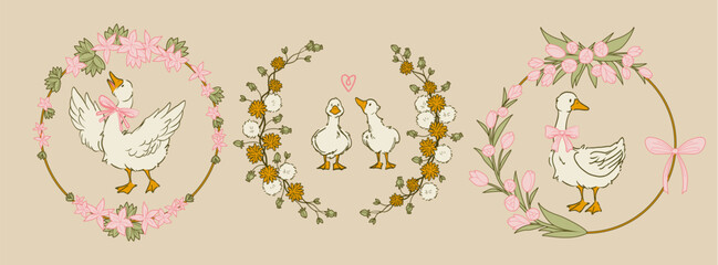 Cottagecore goose illustration with pink bow and floral wreaths. Cute white duck clipart with vintage spring flowers on beige background. Charming farm bird character design with hearts and ribbons. © klyaksun