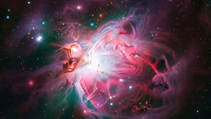 A vibrant eye-level medium shot captures two adult women of different ages and ethnicities in a stunning astronomical scene with stars and galaxies.