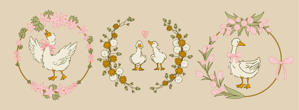 Cottagecore goose illustration with pink bow and floral wreaths. Cute white duck clipart with vintage spring flowers on beige background. Charming farm bird character design with hearts and ribbons.