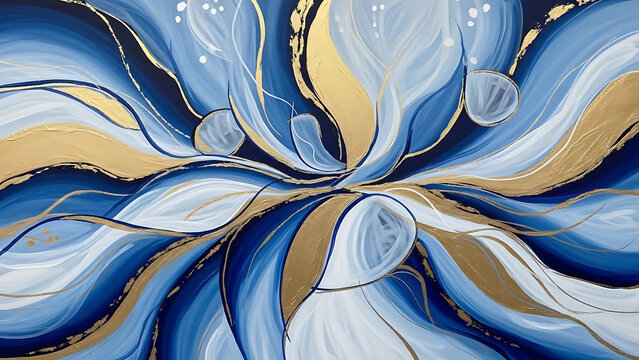 Abstract Blue Gold Floral Motion with Fluid Swirls