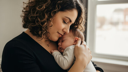 A woman with curly brown hair wearing a dark gray t-shirt tenderly holds and kisses a sleeping baby near a window.