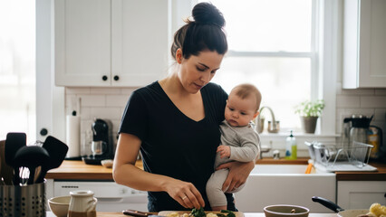 A woman with dark hair tied up wearing a black short-sleeved top cooks while holding a baby in a modern kitchen with white cabinets and a window.