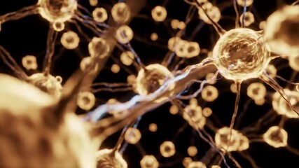 Golden network of interconnected cells on black background, highlighted by ethereal, warm light and shadows