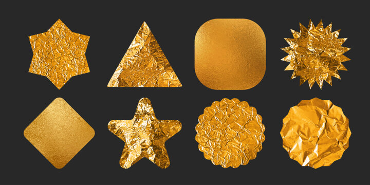 Gold foil sticker with crumpled texture and golden seal design. Circular metallic badge and starburst emblem for premium certificates or awards, labels or price tags with shiny gradient finish.