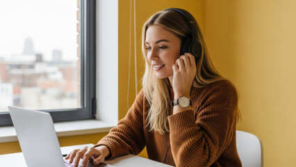 A young woman with long hair sits at a table working on a laptop while talking on the phone in an indoor setting with a city view.