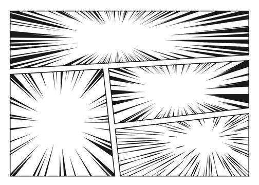 Manga speed lines radiate from center with dynamic comic book effect. Black and white halftone radial burst pattern with action rays for anime backgrounds, graphic novel pages and superhero scenes.