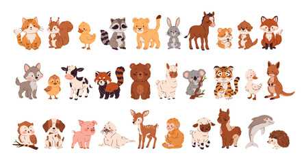 Kawaii baby animals set. Cute and funny cubs and calves. Happy kids of bear, bunny, cat, dog, horse, pig. Adorable little lamb, rabbit, koala. Flat isolated vector illustrations on white background © Paper Trident