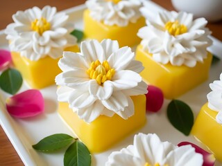 Naklejka premium Yellow mango jelly squares with white flower frosting