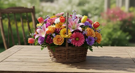 暖かな日差しが降り注ぐ美しい庭園の木製テーブルで色とりどりの花々が豪華に咲き誇る魅力的な花かごが生命力溢れる春の喜びを描写する. AI Generated