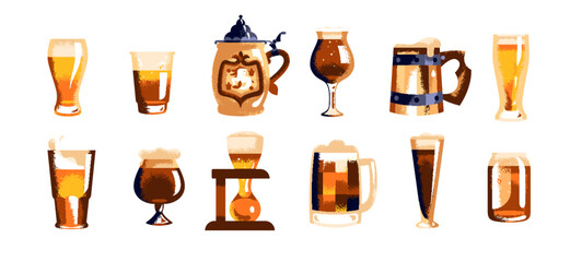 Set of different types of beer- light, porter, wheat, ale and stout. Cups and stein of alcohol drinks. Mugs of booze with various shapes. Flat isolated vector illustrations on white background