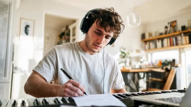 Young man writes music at desk with headphones while playing keyboard surrounded by home studio tools capturing creative inspiration and remote work lifestyle