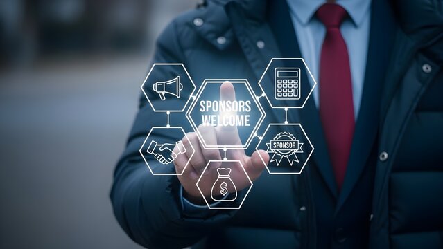 Close-up of a businessman in a suit interacting with a digital interface displaying icons related to speakers and audio in a modern setting. - Powered by Adobe