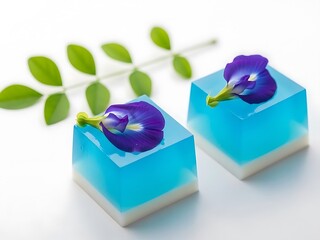 Blue butterfly pea jelly cubes with edible flowers