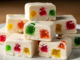 White nougat candy with colorful fruit jelly pieces