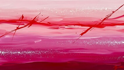 Abstract Pink and Red Horizon Painting with Textured Layers and White Paint Splatters Valentine