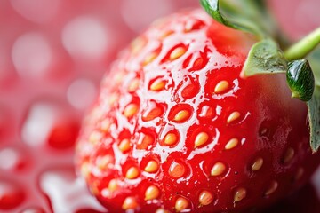 A vibrant red strawberry with a green stem and leaves, set against a blurred background of red and white polka dots.
