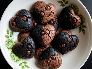 Heart shaped chocolate chip cookies in a floral bowl