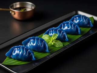 Blue steamed dumplings on a banana leaf and black plate