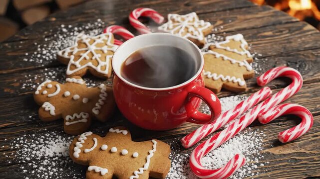 Top-down rotating aerial view of a vibrant red mug surrounded by gingerbread cookies and bright striped candy canes on a rustic wooden table Top-down rotating aerial view, vibrant red mug, festive