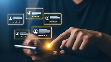 Close-up of a person's hands holding a smartphone with glowing user profile icons floating above the screen against a dark background.