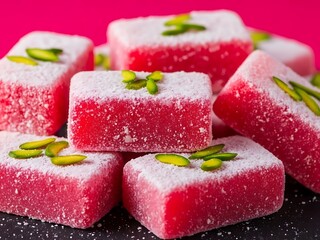 Rose flavored pink turkish delight with sugar and pistachio