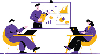 Diverse team collaborating on a business strategy presentation with charts and laptops in a modern office setting