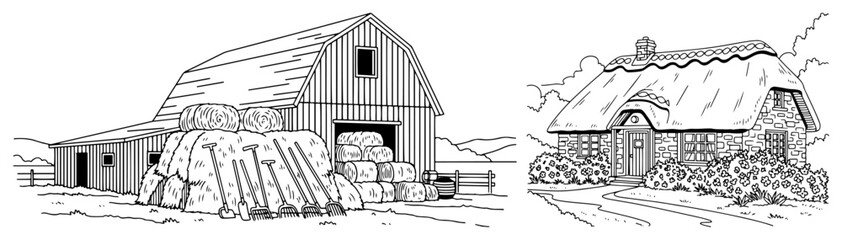 Rural farm landscape with wooden barn hay bales and stone cottage house vector line art illustration for coloring book page © Katarzyna