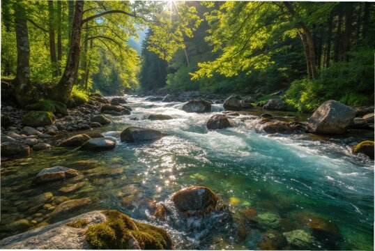 Crystal-clear mountain stream flowing over smooth rocks, sunlight sparkling on the water surface, surrounded by lush green forest, - Powered by Adobe