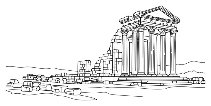Ancient greek temple ruins vector illustration featuring classical architecture with columns and broken stones in monochrome line art sketch style