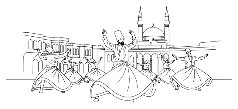 Whirling Dervishes Sufi Dance Line Art Vector In Front Of Mosque