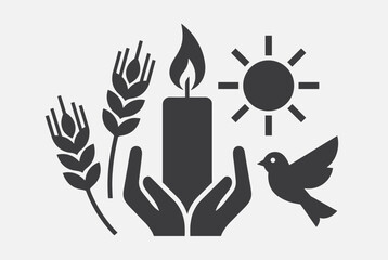 Fototapeta premium A symbolic illustration featuring hands holding a burning candle, flanked by wheat stalks, a sun, and a flying dove, representing peace, hope, and nature.