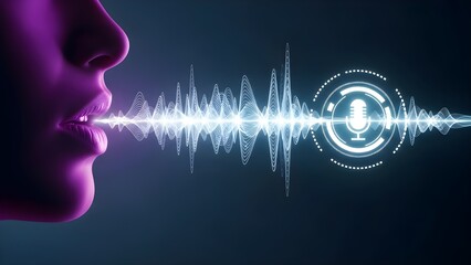 Close-up profile of a purple-tinted human face with sound waves emanating from the mouth transitioning into a digital audio waveform and microphone icon against a dark background.