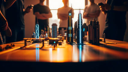 Miniature cityscape with skyscrapers and tabletop setting