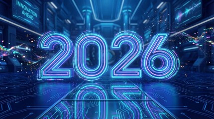 Futuristic 3D Render of Glowing Neon 2026 Numbers in Digital Technology Environment