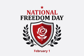 National Freedom Day logo featuring a red shield, white rose, and laurel branches, celebrated on February 1st.