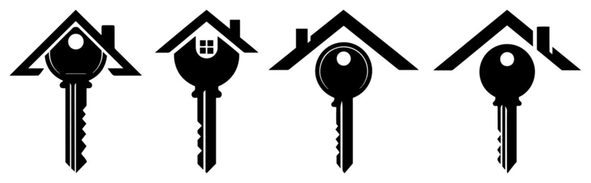 House Key Logo Set Line Art Vector &ndash; Real Estate Icons With Roof Silhouette