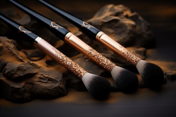 Professional makeup brushes with gold glitter handles are displayed on a dark rock, ready for beauty application