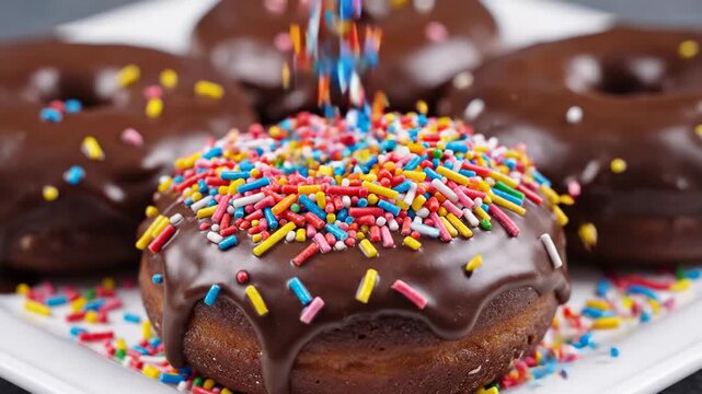 Ultra slow motion capture of vibrant rainbow candy sprinkles raining down onto perfectly glazed chocolate donuts arranged on a white serving platter sugar, multicolored, texture
