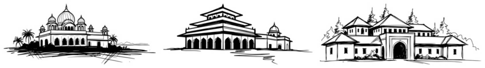 Set of panoramic landscape sketches featuring mosques and traditional islamic architecture buildings vector illustration © Katarzyna