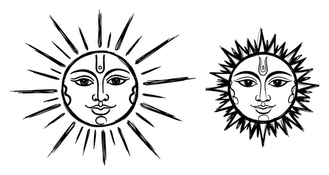 Stylized sun face with traditional Indian markings black and white vector illustration representing Lord Surya or spiritual energy