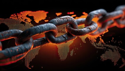 Close-up of a rusty chain in front of a world map with an orange glow