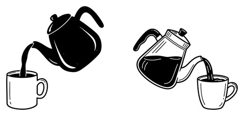 Coffee and tea preparation vector illustration showing a kettle and a glass pot pouring hot liquid into mugs in black and white sketch style
