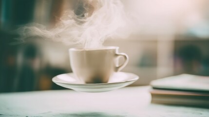 Soft morning light illuminating steaming coffee cup near books, cozy minimal scene evoking calm routine and focus, editable background ideal for lifestyle or wellness content.