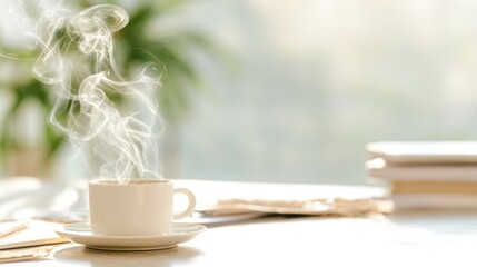 Bright airy workspace with steaming coffee cup, soft natural light and fresh calm mood, editable scene ideal for productivity, wellness or lifestyle branding.