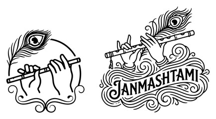 Krishna Janmashtami festival typography design with hands playing flute and peacock feather vector line art illustration © Katarzyna