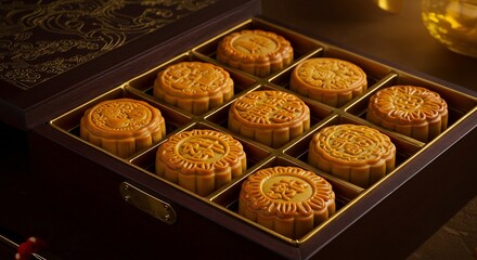 豪華な木箱に並べられた美しい月餅 伝統的な秋の味覚を温かい照明が優雅に照らす. AI Generated