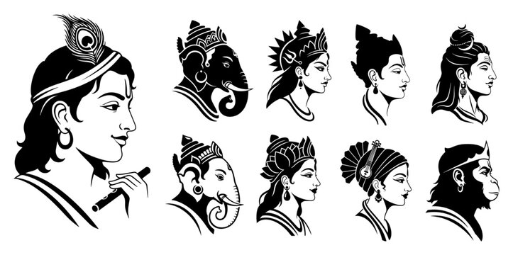 Set of Hindu deity profile portraits including Krishna Ganesha Shiva and Hanuman vector silhouette illustration collection