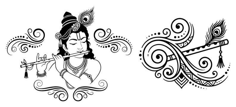 Lord Krishna playing flute with decorative swirls and peacock feather vector line art illustration for spiritual design
